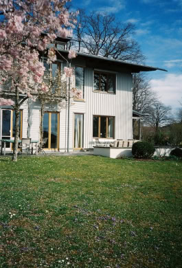 House by the lake near Munich with flowers 